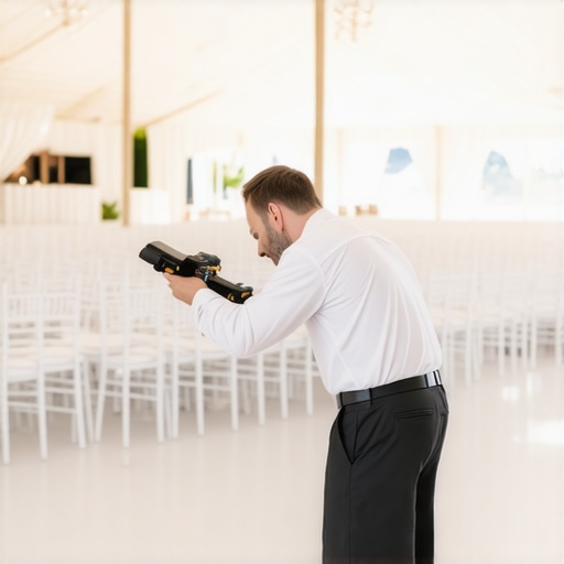Precision Maintenance for Event Rentals A laser level being used to align event chairs in a tent.