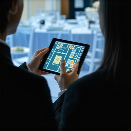 A digital 3D event layout software showing guest flow and heat maps for a corporate product launch.