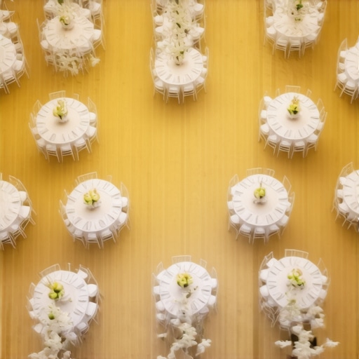 Top-down view of an event layout with round tables and chairs positioned for clear sightlines during a performance.