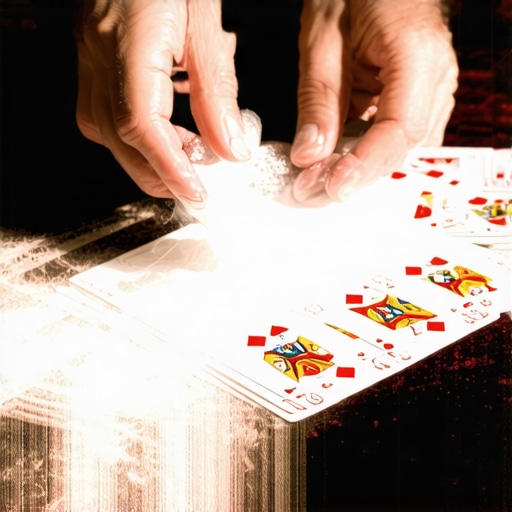 Close-up of a magician applying fanning powder to a deck of playing cards for maintenance.