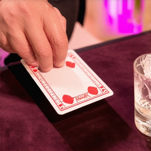 Magician hands applying fanning powder to playing cards on a professional mat.