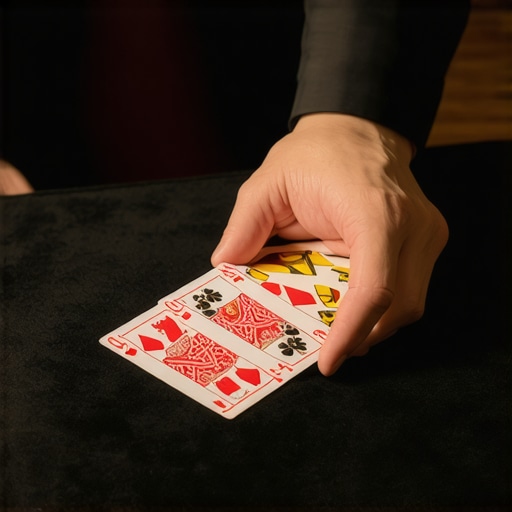 A magician performing a perfect card spread on a black performance mat showing ideal surface texture.