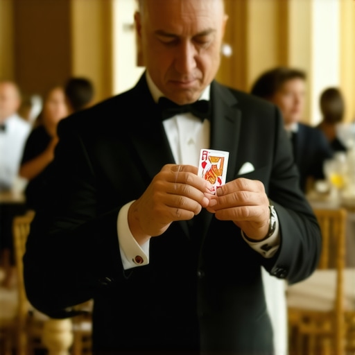 A magician performing sleight of hand for guests at a luxury micro-event.