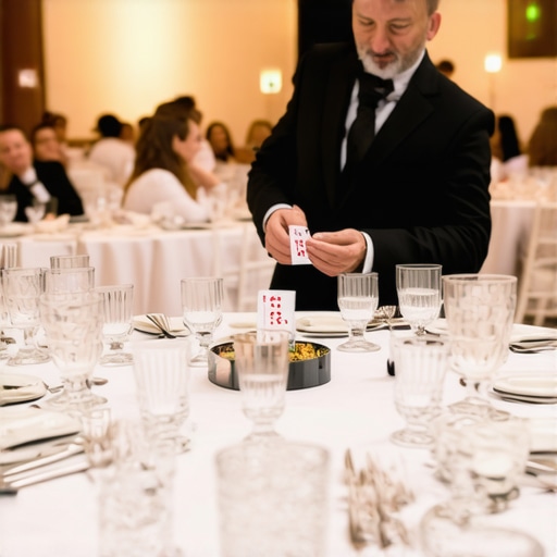 Professional Close-Up Magic at a Corporate Dinner A magician performing for guests at a round banquet table during a corporate gala.