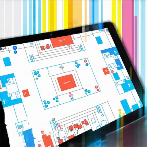 A digital tablet displaying a 3D spatial design for an event layout showing guest flow and density.