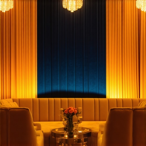 A luxury navy velvet backdrop with warm stage lighting and elegant lounge chairs in a professional event setting.