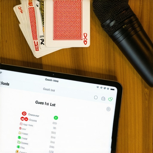 Professional Event Coordination Tools An iPad with a guest management app next to playing cards and a professional microphone.