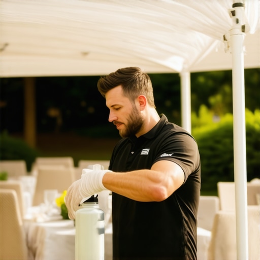 A person cleaning a white event tent to maintain its professional appearance.