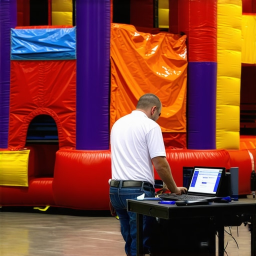 Technician servicing an adult bounce house rental and programming DMX lighting for a professional event.