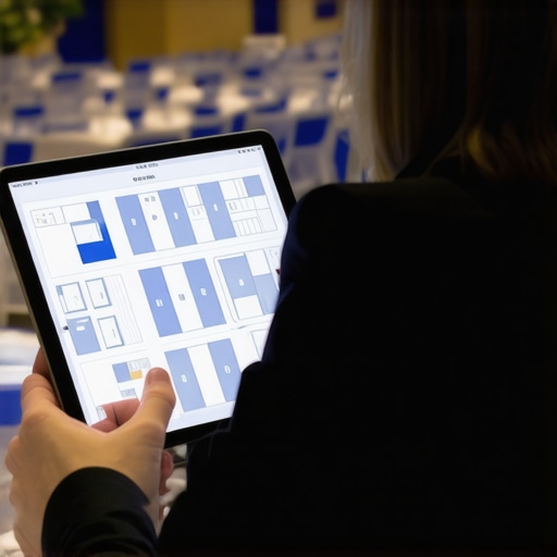 An event planner managing guest flow and furniture layout on a tablet in a ballroom.