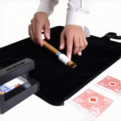 Professional Event Gear Maintenance A magician cleaning a performance mat on a round event table.