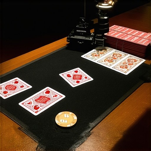 Magician tools including cards and lighting on a high-top table for professional event engagement.
