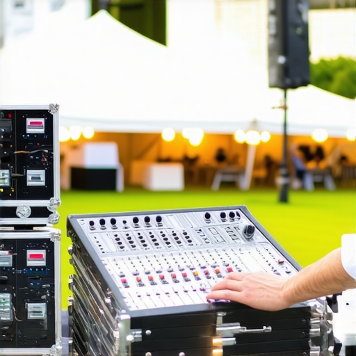 Close-up of technical event equipment and organized gear backstage at a luxury event