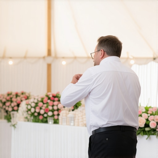 Technician inspecting an event tent rental for quality and safety.