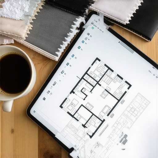 A desk with event planning tools including 3D floor plans and linen swatches.