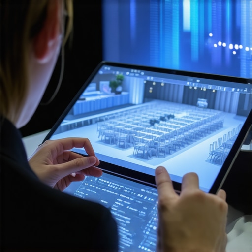 Professional Event Planning with 3D Spatial Software Event planner using digital tools to organize stage and seating layout for a gala.