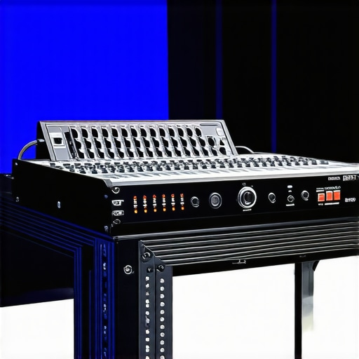 Close up of a high-end event production rack with hardware encoders and audio equipment for professional live streaming.