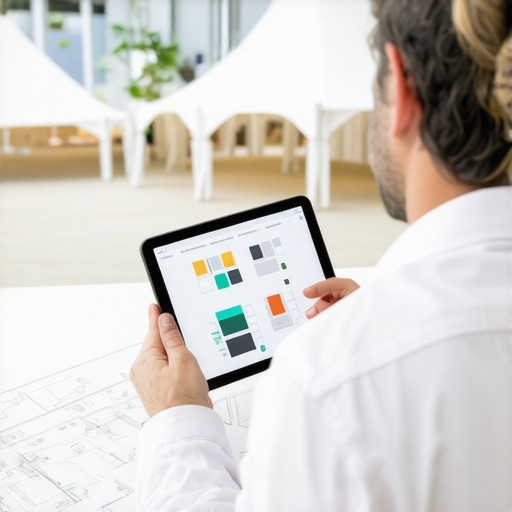 A professional using digital tools to plan a high-end live event production with giant game rentals.