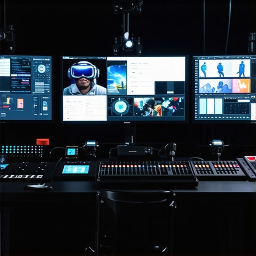 Professional Event Production Tech Setup A modern event coordinator command center with AI and VR technology for managing large scale party rentals.