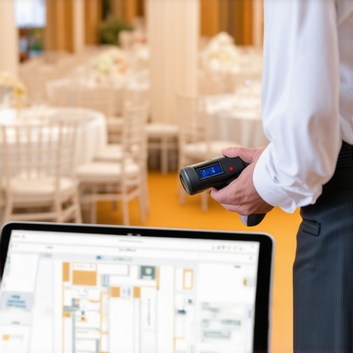 An event planner measuring floor space with a laser tool and tablet to optimize room flow.