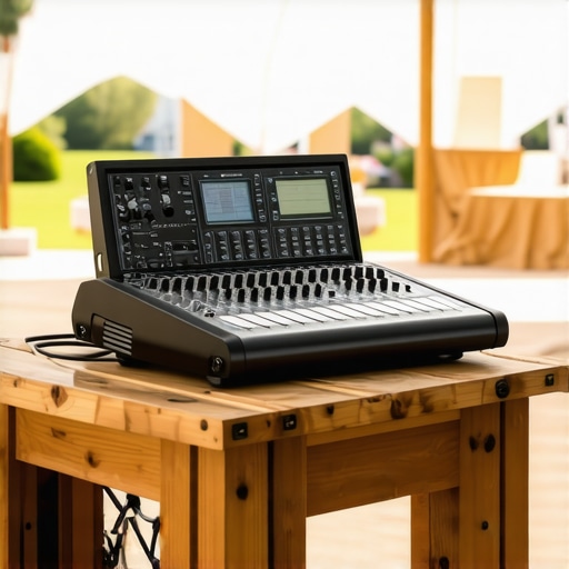 Professional Event Technical Gear and Tools High-end audio equipment and specialized tools for event maintenance and sound quality inside a luxury tent.