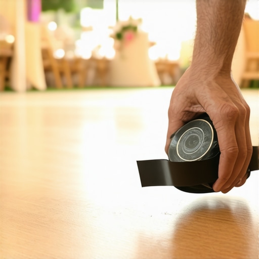 Close-up of event technician securing cables on a dance floor