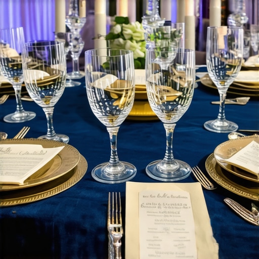 Navy velvet table linens at a gala dinner used for sound absorption and aesthetic appeal.