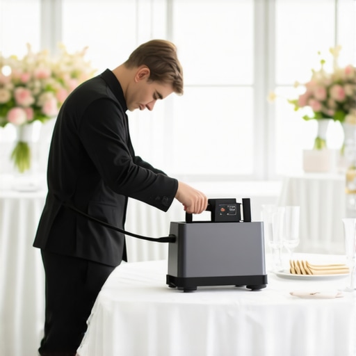 An event professional maintaining high-end linen rentals with industrial equipment