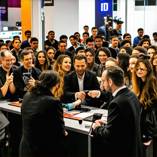 A crowd of trade show attendees watching an interactive magic performance at a corporate booth.