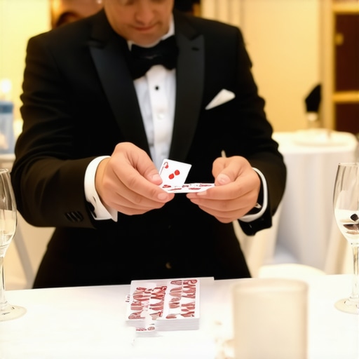 Professional Magic Performance Focus Magician performing close-up card magic at a sophisticated event focusing on human connection over technology.
