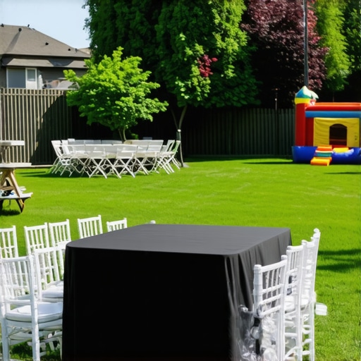 Professional Magic Setup in a Backyard Party A well-organized magic stage area at an outdoor event with a bounce house.