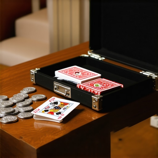 Magician tools including playing cards and coins on a cocktail table.