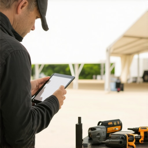 Professional Maintenance of Event Rental Equipment An event planner conducting a quality inspection on a white outdoor party tent and rental equipment.