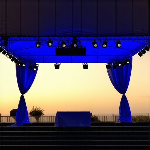 A well-lit outdoor magic stage setup with professional lighting and canopy rentals.