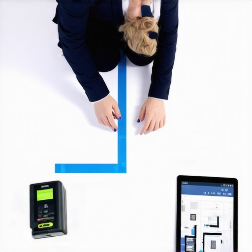 An event planner using blue tape and a laser measurer to check sightlines in a ballroom.