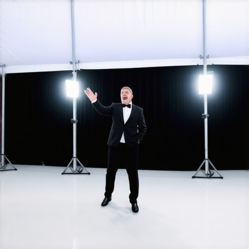 Professional Stage Lighting Setup in Event Tent Magician performing with light-blocking backdrops and focused spotlights inside a white event tent.