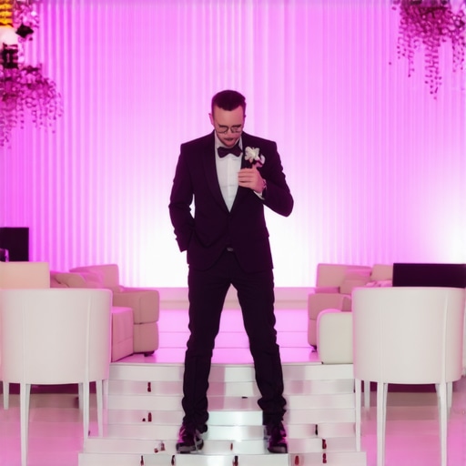 Professional Stage Magic Integration A magician performing at a corporate event with professional lighting and furniture.