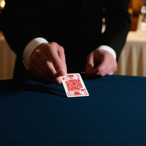 A magician performing card tricks on a specialized felt surface table at a corporate event.