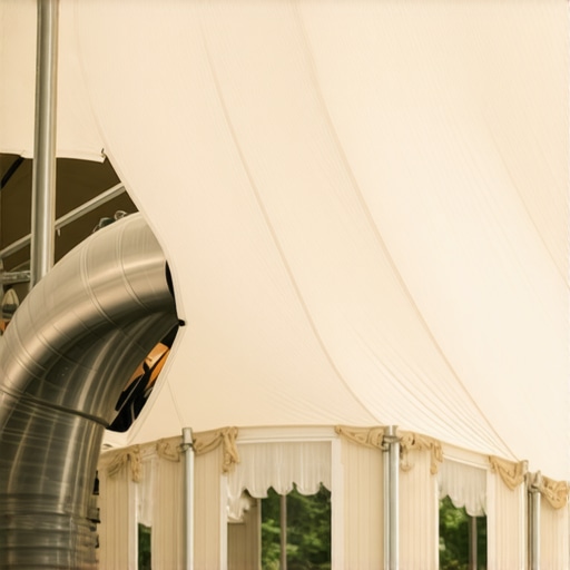 An industrial heater duct connected to a white event tent for winter climate control.