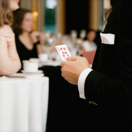 Professional close-up magic in action Close-up magician performing for guests at a corporate gala