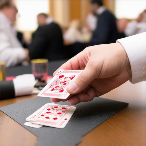 Magician's hands on a professional performance mat at a corporate event.