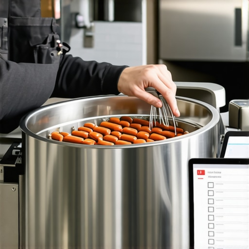 Technician inspecting a hot dog steamer for event rental quality assurance.
