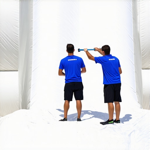 Professional inspection of event rental equipment A close up of an event coordinator checking the safety straps and vinyl quality of a rental inflatable