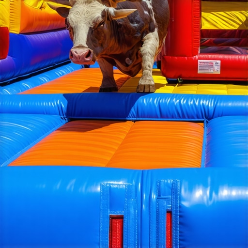 Professional safety layout for mechanical bull and bounce house rentals.