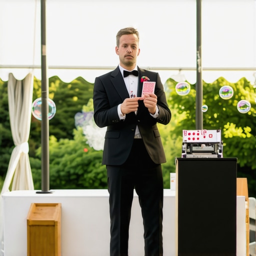 Magician performing on a platform under a rental tent to stay dry near a foam party machine.