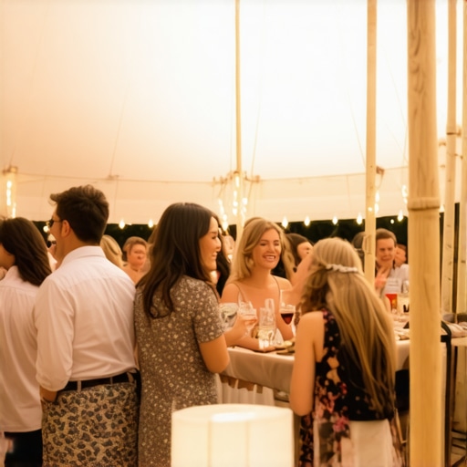 A crowded and intimate backyard anniversary party with warm lighting and close-proximity cocktail tables.