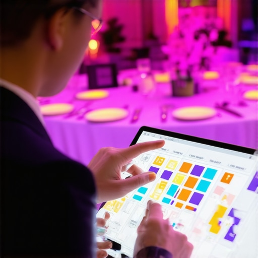 Professional planner analyzing guest flow for a high-end gala dinner.