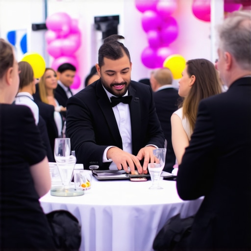 Strategic Event Furniture for Maximum Engagement A magician performing at a round table to increase trade show booth traffic and guest engagement.