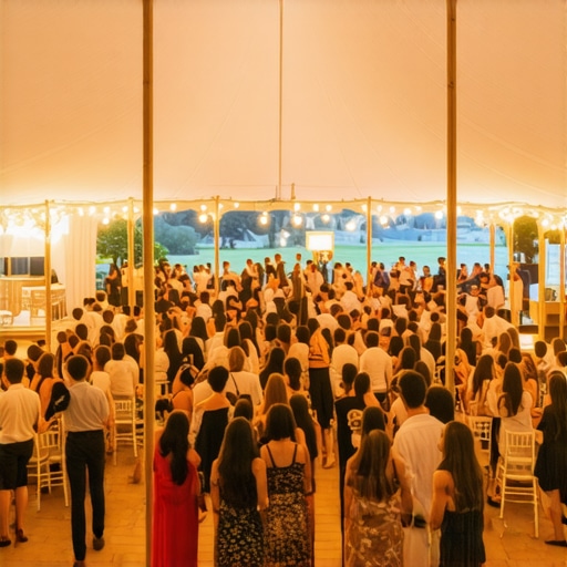 A well-planned event tent interior showing guests engaged in interactive activities.