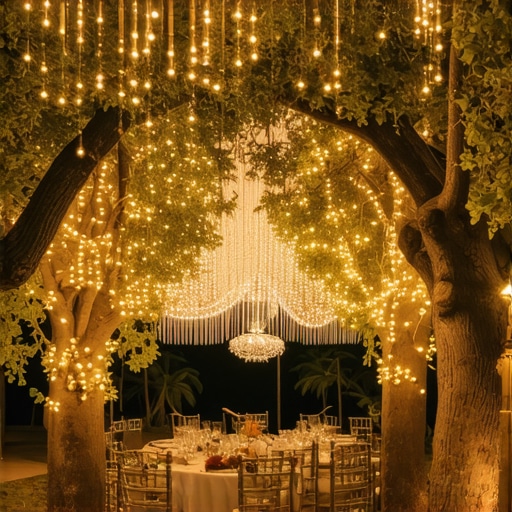 A well-lit outdoor event tent featuring professional stage setup and focused lighting.